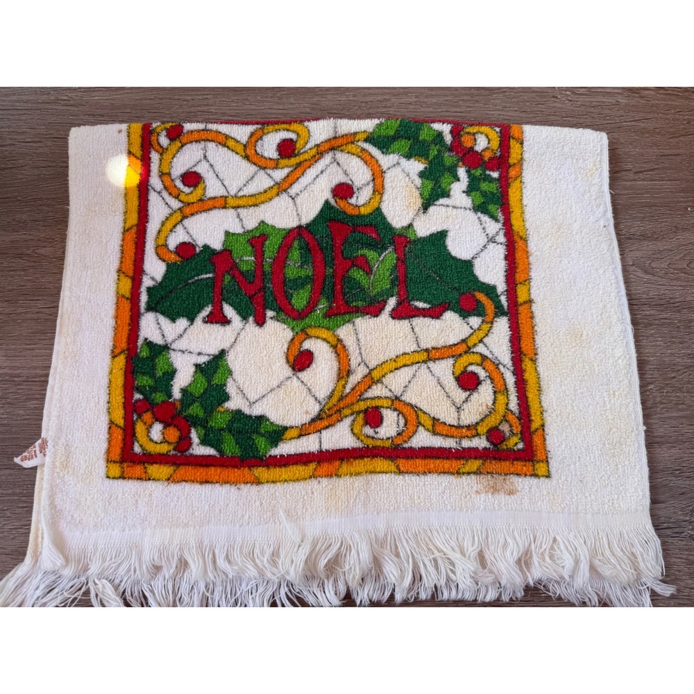 Vintage Noel Christmas Hand Towel Stained Glass Holly Berry Fringe White Red
